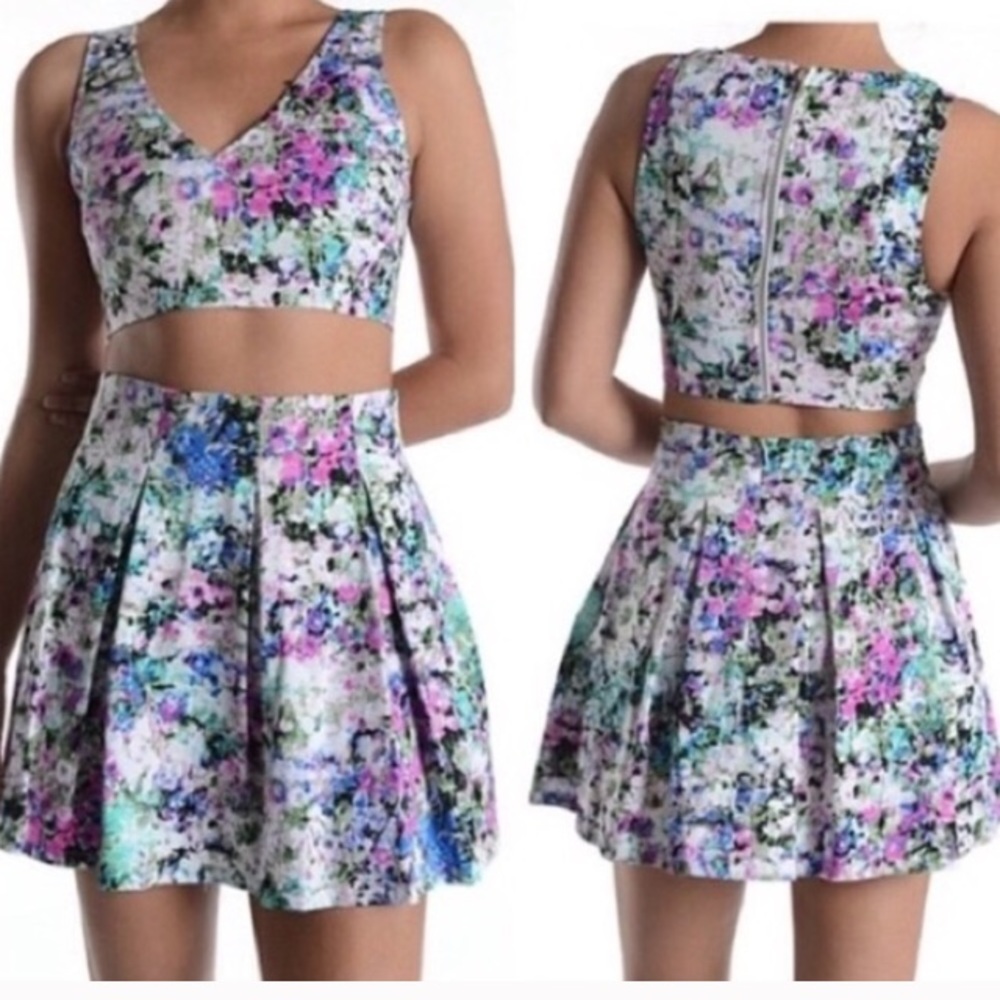 Nordstrom neon paint splatter 2 80s crop skirt set